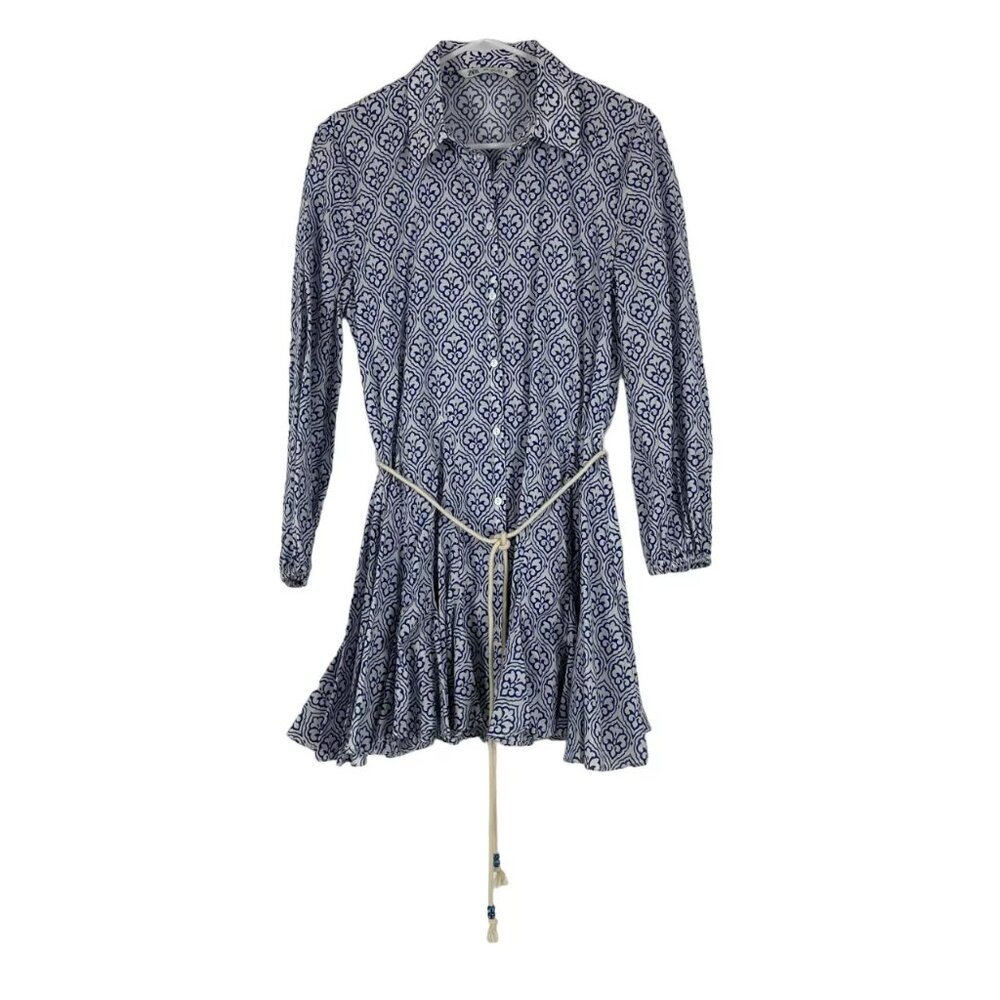 ZARA Print Dress with Rope Belt, Size Medium, Blue and White